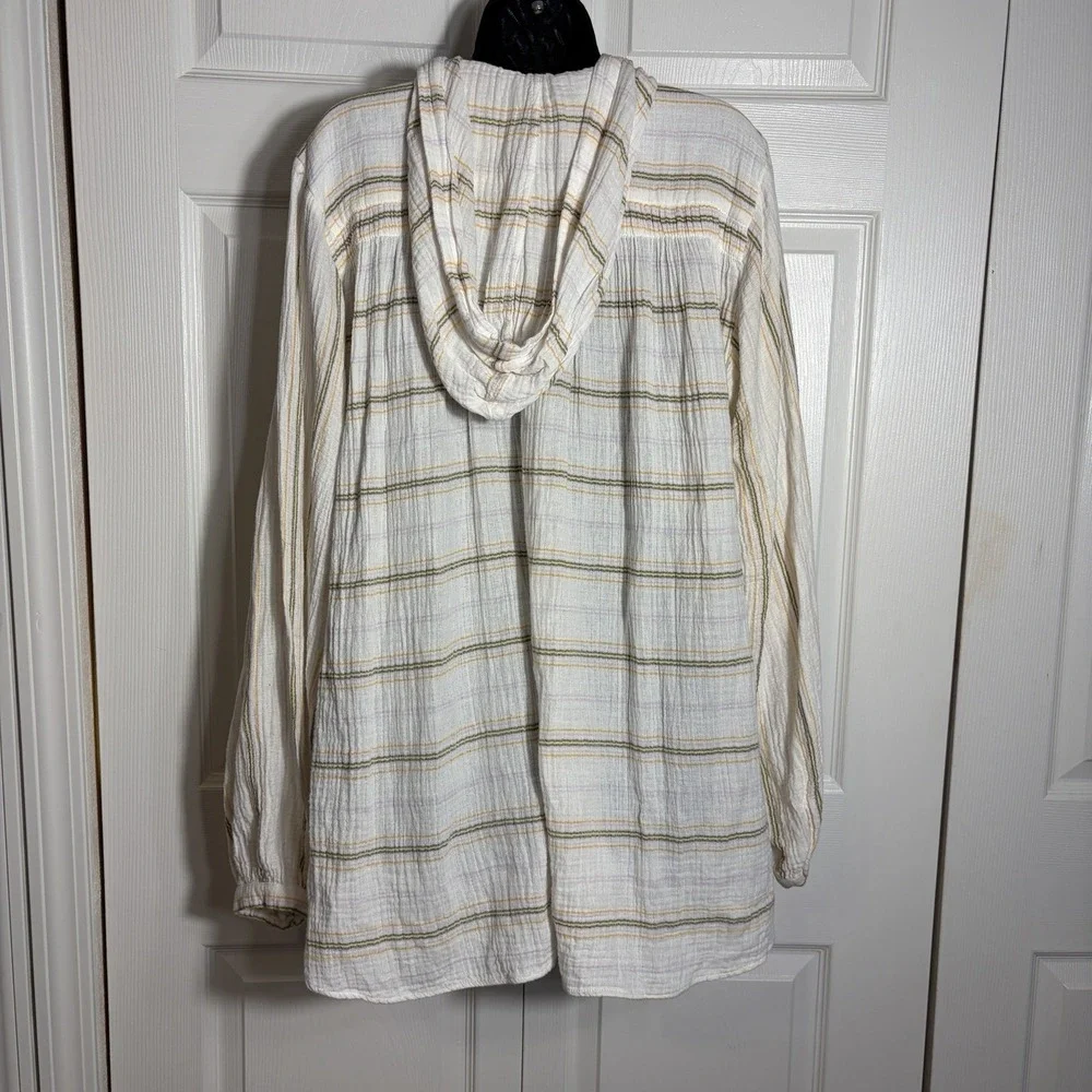 Free People Rolling Clouds 100% Cotton Gauze Tunic Women M Cream Striped Hooded